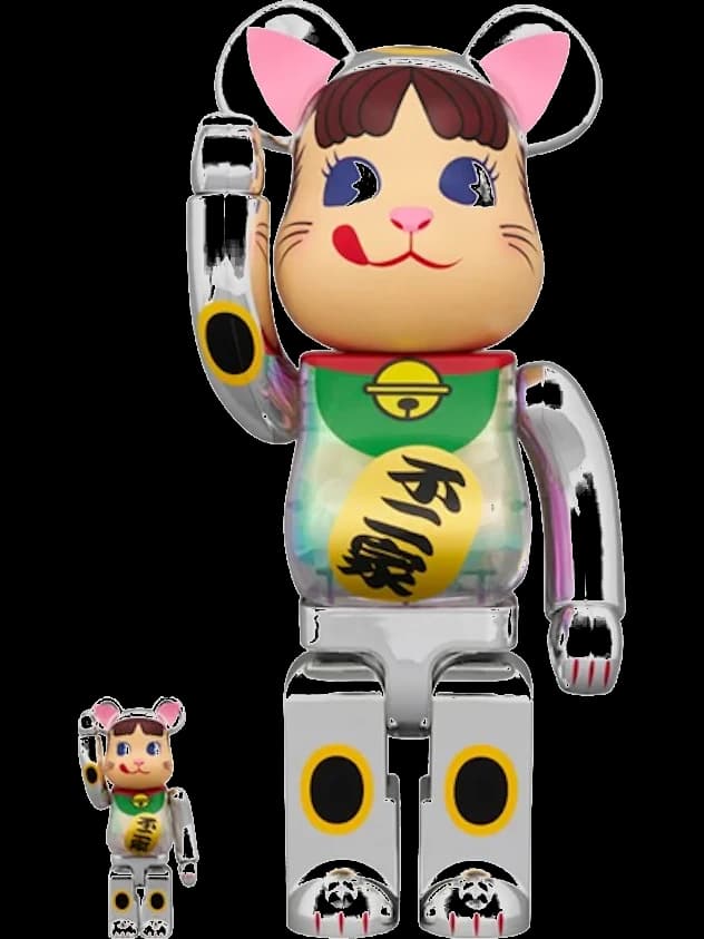 BE@RBRICK figure: Maneki Neko Peko-Chan Silver Plated Glow In The Dark Milky