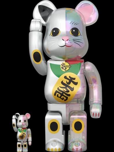 Manekineko Lucky Cat Senmanryou Clear Iridescent x Silver Paint + Bearbrick BE@RBRICK