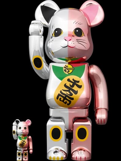 Manekineko Lucky Cat Senmanryou Silver x Peach Gold Bearbrick + BE@RBRICK